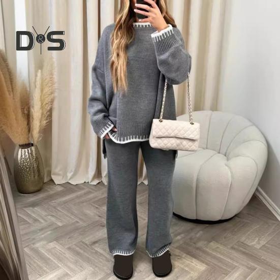 2 Pcs/Set Winter Sweater Pants Set O Neck Loose Knit Thick Long Sleeves Sweater Wide Leg Warm Trousers Daily Outfit School Homewear Sport Clothes