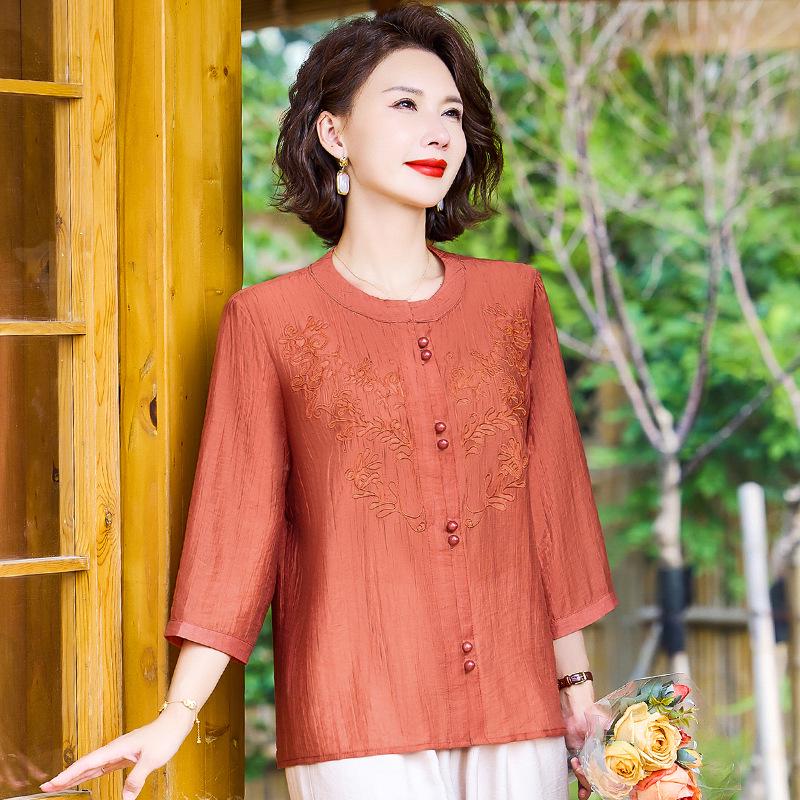 Summer 2026 National Style Loose Top: Middle-aged Mom s Age-Reducing, Seven-Sleeve Round Neck 2XL