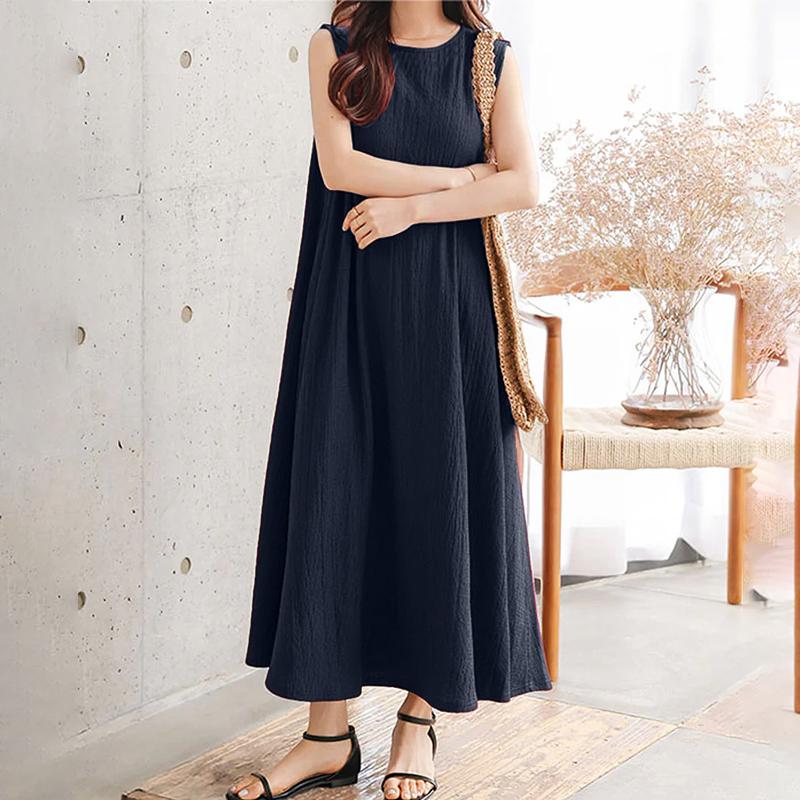 ZANZEA Rochie Casual de Vară Femei cu Gât Rotund, Largă, Fără Mâneci