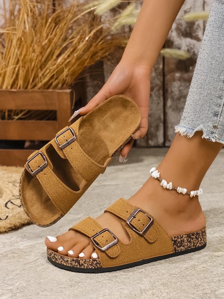 Women's Youth Mules New Spring/Summer Retro Casual Slip-On Shoes Pu Upper Double-Strap Half-Slip Flat Slippers with Adjustable Buckle