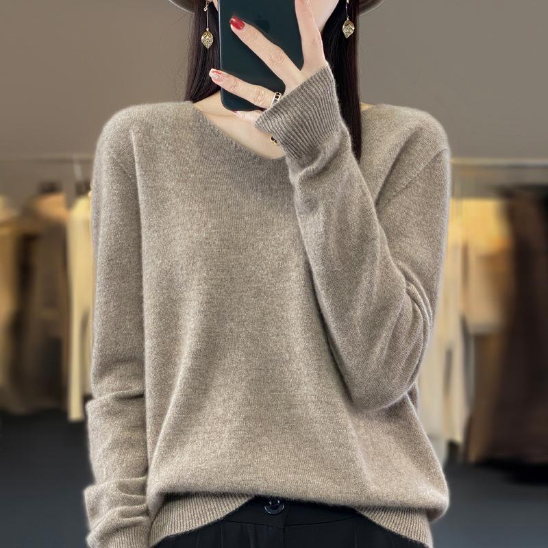 Women's Slimming V-Neck Pure Wool Cashmere Sweater - Soft, Seamless Knitwear Base Layer