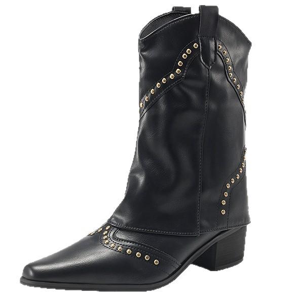 Retro European and American women's short boots autumn and winter design sense rivet pipe boots small pointed western cowboy knight boots