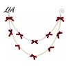 Christmas Window Display Velvet Bow Faux Pearl Garland, 2 Layers Beads Seasonal Home Accents Hanging String Strand for Tree, Wreath, Fireplace,
