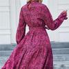 Rose Red Spring Women's Fashion Printed Collar Ruffled Long Sleeve Lace-up Waisted Dress