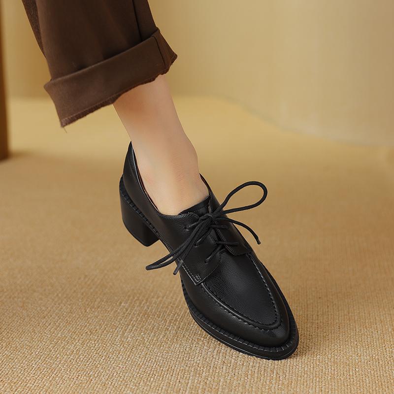 2024 Nový Luxusní Design Dámské Ležérní Kožené Boty Pravá Kůže Boty na Vysokém Podpatku s Kulatou Špičkou Britské Šněrovací Derby Boty Lodičky