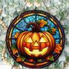 Stained Glass Style Pumpkin Autumn Harvest Round Wooden Hanging Plaque Indoor Outdoor Wall Decor Front Door Sign Home Festival Party Ornament