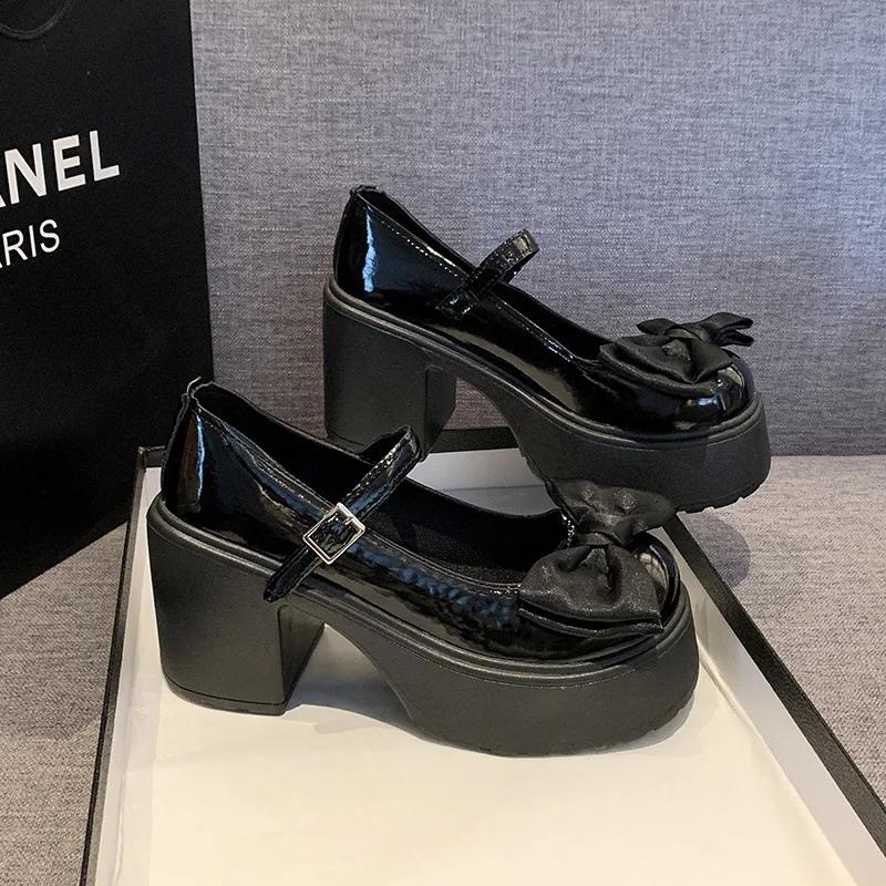 2025 Summer New Coarse Heel Mary Jane Single Shoes Fashion Bowknot Thick Heel Round Toe Pumps Trendy Street Lolita Shoes