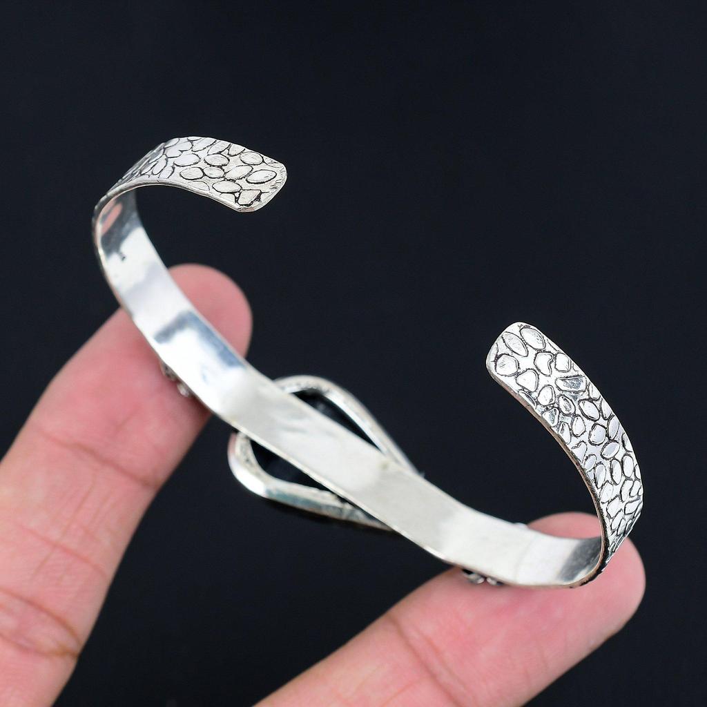 Memorial Day Deal Natural Black Fossil Coral Bangle Bracelet 925 Sterling Silver