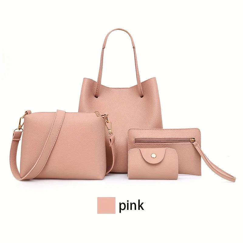 

Набір з 4 предметів Велика місткість Шкіряна сумочка Однотонна Текстура лічі Сумка через плече Сумка-відро Гаманець Сумочка