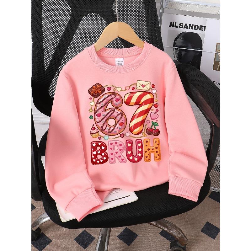 European sizes Kids' Casual Printed Round Neck Pullover, Kids' Round Neck Sweatshirt with Fashion 67 Theme Feature Print for Kids