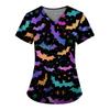Plus SizePrinted Scrub Working Uniform Tops For Women's Cross V-Neck Halloween Print Short Sleeve Fun T-Shirts Workwear Tee With Pockets