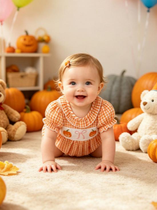 Pumpkin Short Sleeve Bodysuit with Lotus Leaf Collar and Bow