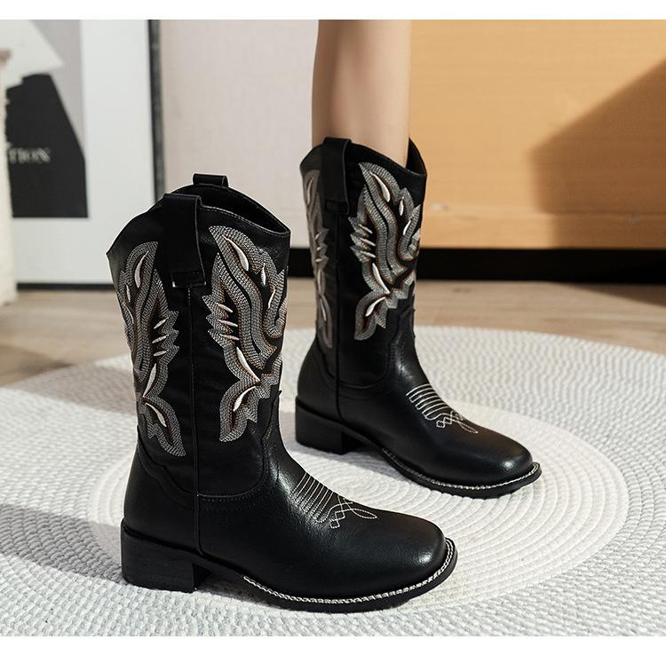 He Sui's same western cowboy boots women's 2024 new retro embroidered knight boots thick heel thick sole medium tube knight boots