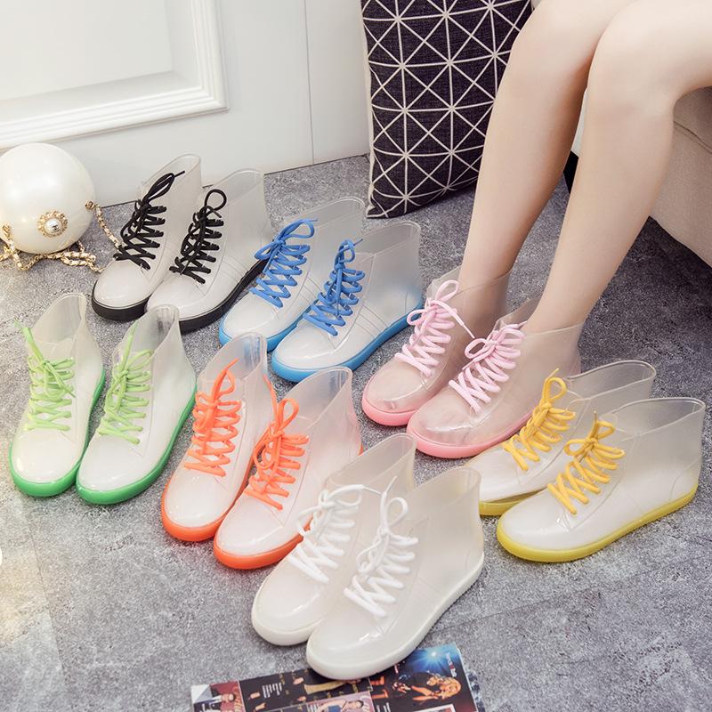 Jelly Transparent Non-Slip Waterproof Rain Boots for Women, Short Tube with Velvet Cotton, Fashionable Rubber Over Shoes for Summer.