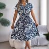 Women Summer V Neck Knee Length Pleated Print Belt Fashion Dress