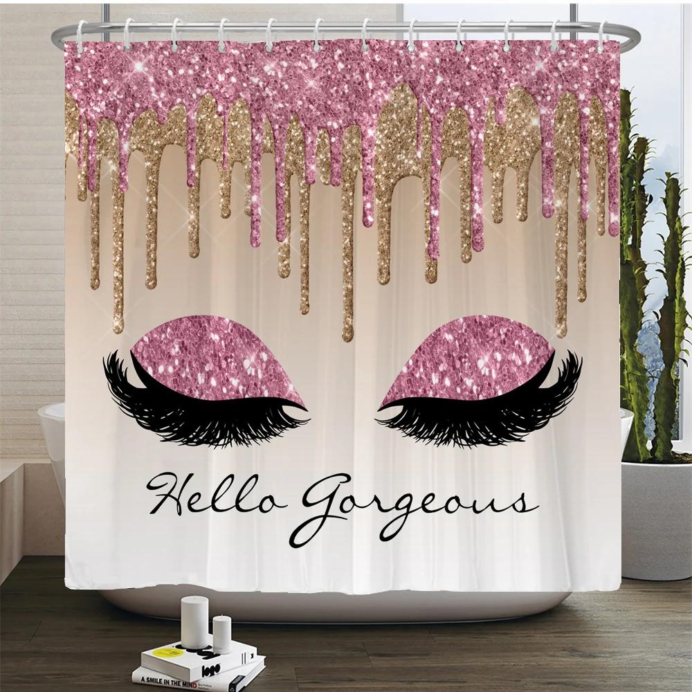 Girl Pink Silver Eyelash Shower Curtain Gorgeous Waterproof Polyester Fabric Bath Curtains Glitter Bathtub Screen with Hooks