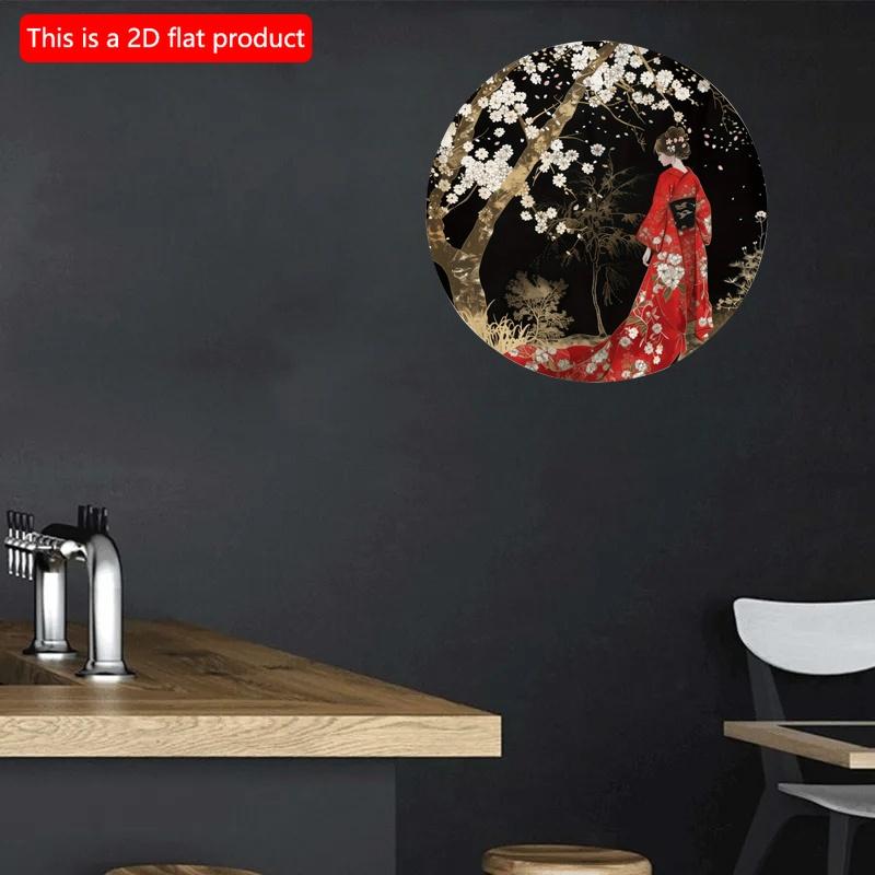 2d Flat 20*20cm, Round Wooden Wall Sign, Japanese Kimono Decorative, Easy Install, Durable Kimono Theme, for Bar, Cafe, Club, Home, Room Wall Decor,