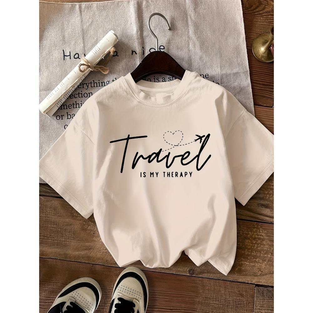 Women Casual Crew Neck T-Shirt Travel Is My Therapy Graphic Summer Short Sleeved Harajuku Streetwear Tops Tees