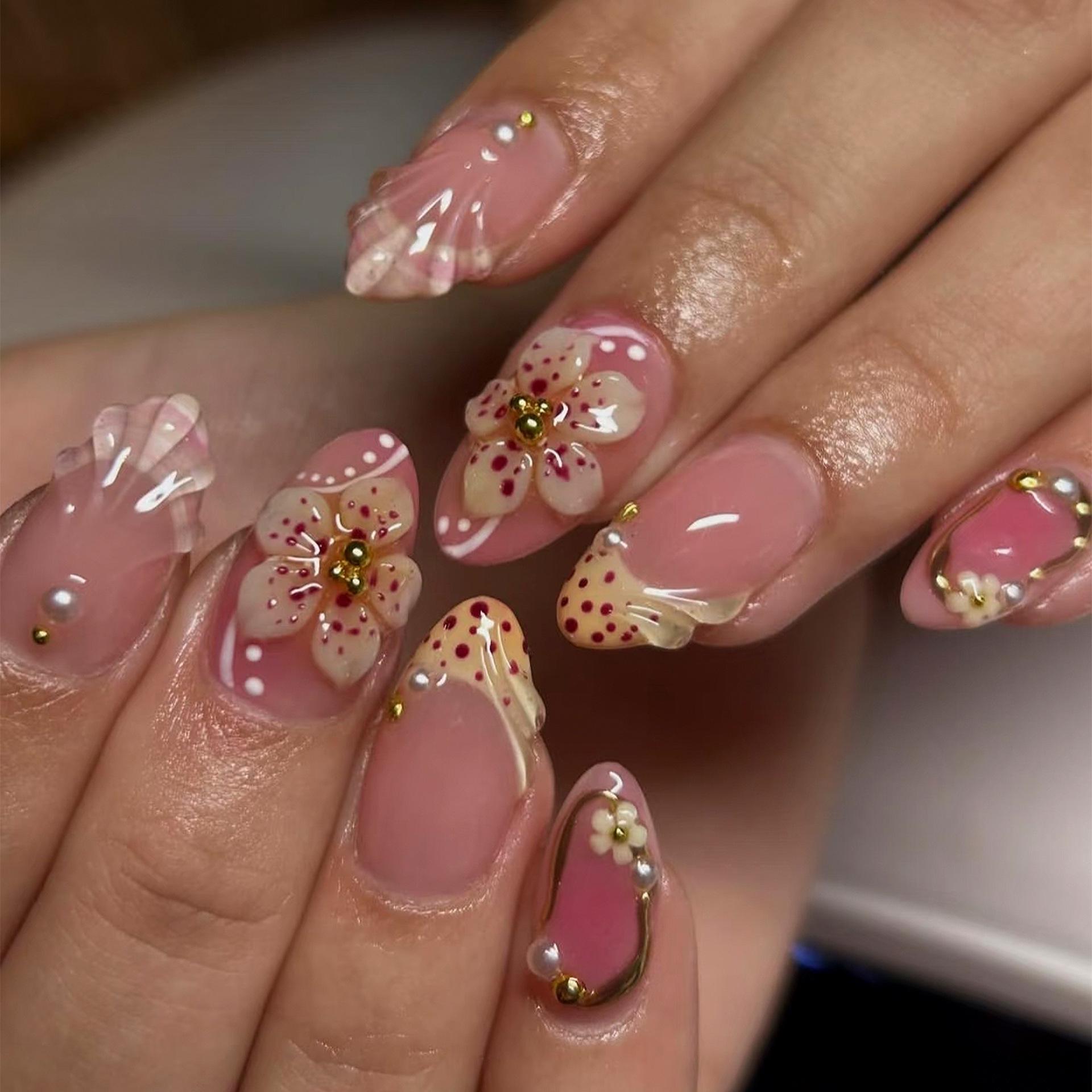3D Pink Flower Pearl French Nail Art Stickers - Wearable Glue Shell Nail Tips