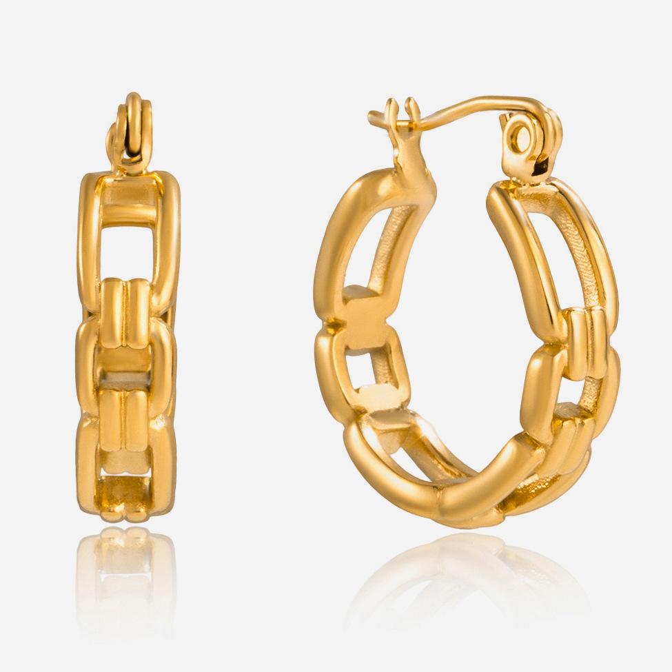 Design Sense Classic Style 18K Gold Steel Flat Chain Hollow Earrings Simple Earrings