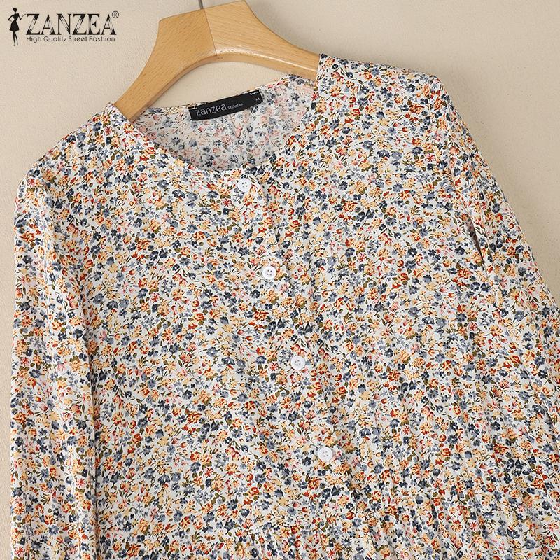 ZANZEA Damen Lässig Rundhals Locker Langarm Blumenmuster Kleid
