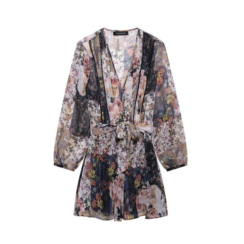 

Kaslead New Women clothes Western Style Fashion with Belt Print Mini Dress 2469117 Flower color L