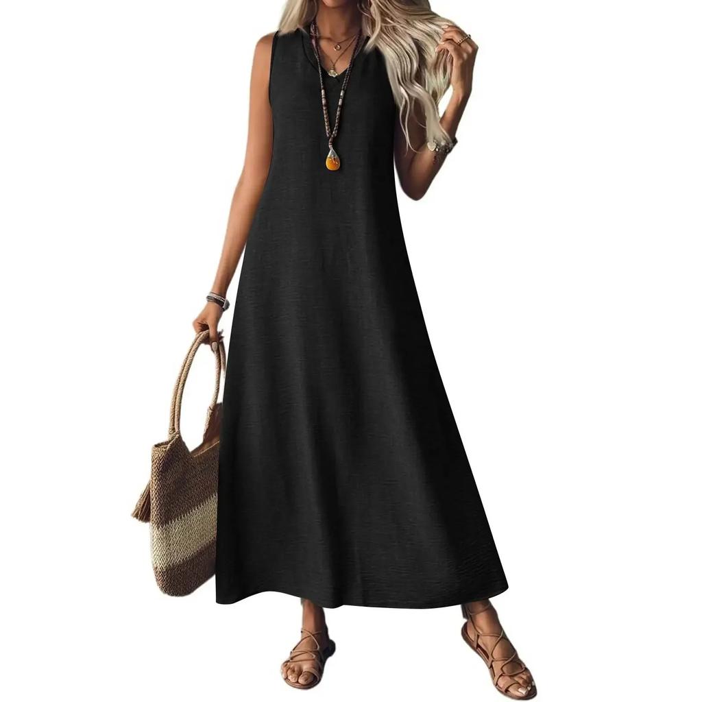Summer Sleeveless Long V-Neck Elegant Dress Women's Fashion Ankle-Length Maxi Dress