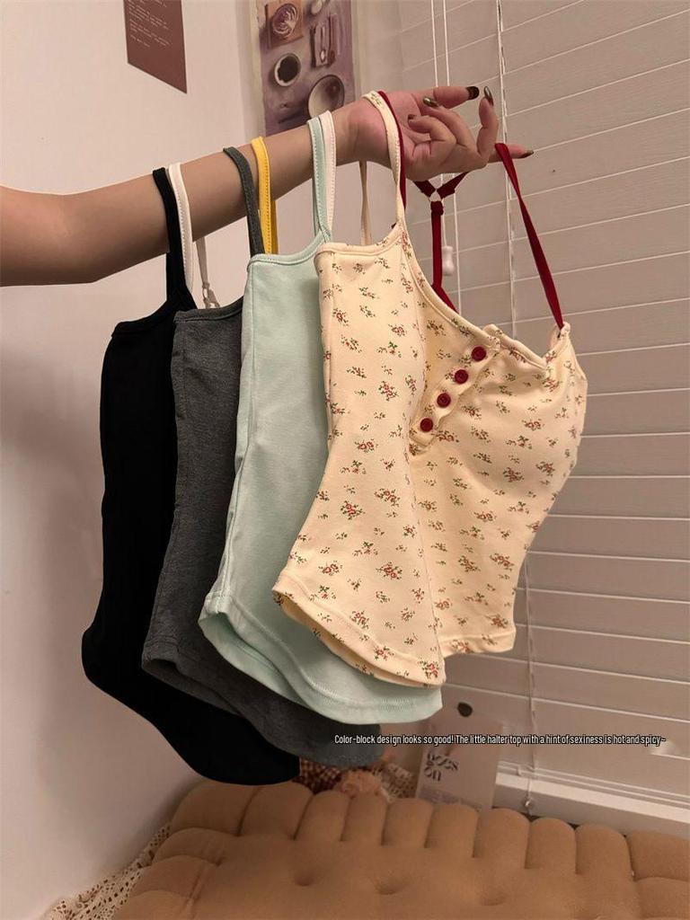 H330 Pure & Sexy Floral Button Crop Top with Built-in Bra for Women