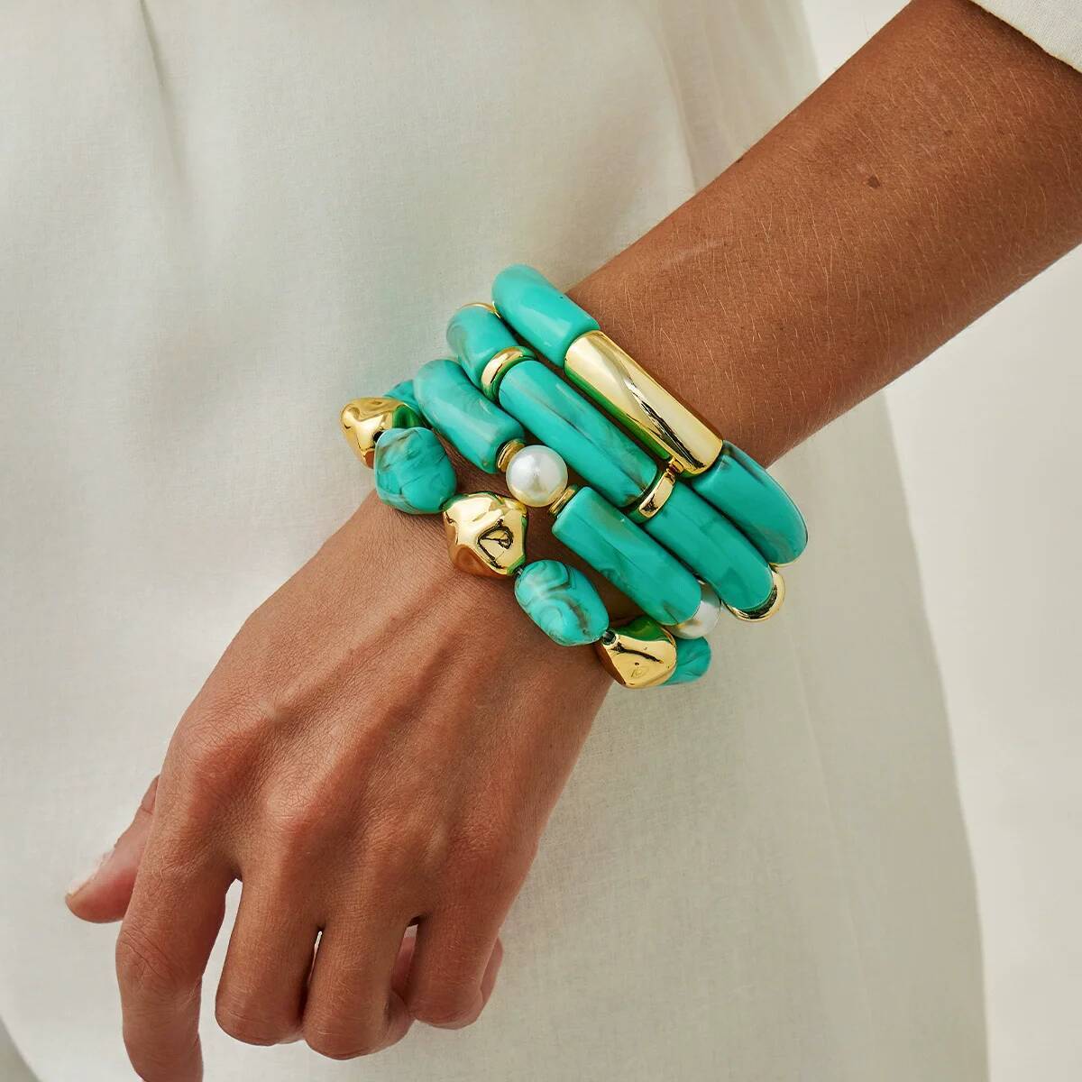 Salircon 4 Стиля Синие Акриловые Смоляные Бамбуковые Эластичные Браслеты Браслет-Манжета Женские Модные Неправильные Бусины Браслет Ручной Работы Ювелирные Изделия