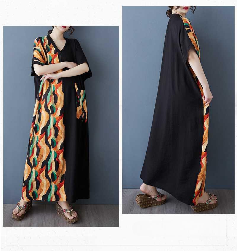 Colorful Patchwork Black Long Dress Vintage Robe