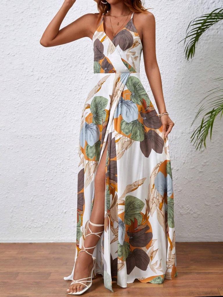 Tropical Print High Slit Strap Dress - European & American Style