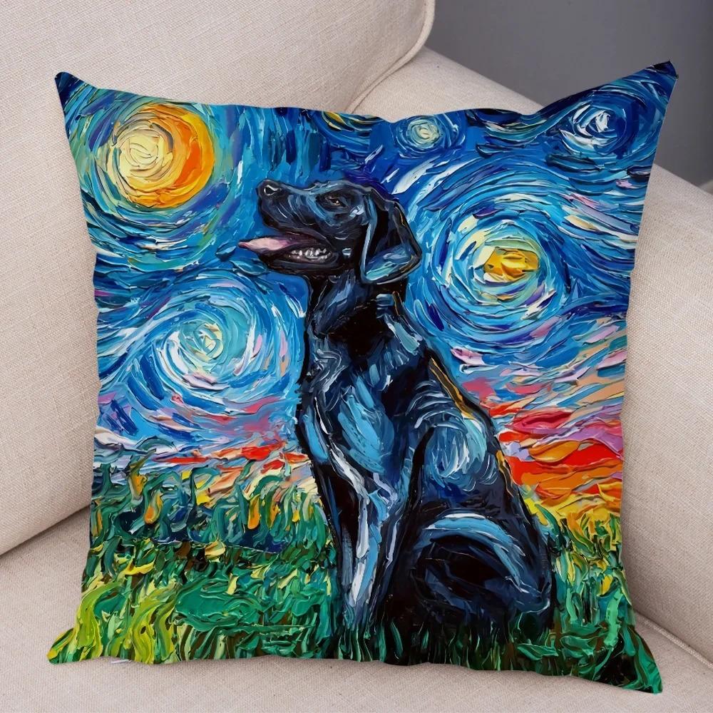 Colorful Oil Painting Pet Animal Pillowcase Starry Sky Art Cartoon Dog Cushion Cover Decorative Sofa
