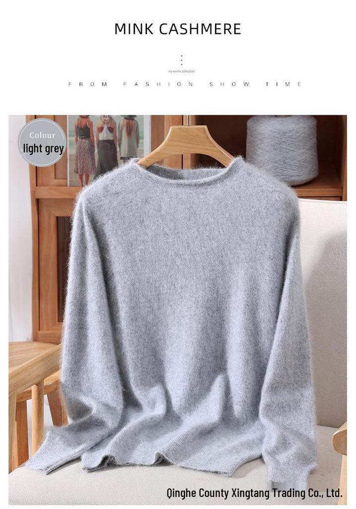 Women's Mink Cashmere Short Sweater with Half-High Collar and Rabbit Fur Knit, Slimming Fit