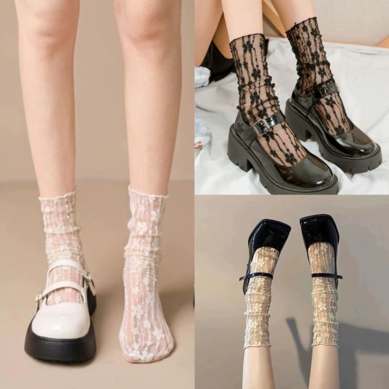 3 Pairs Women Floral Patterned Lace Round Neck Socks Fashionable Paired Summer Sweet Style Comfortable Breathable Casual Socks