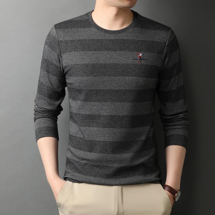 Spring New Embroidered Men's Long-sleeved T-shirt Round Neck Striped Korean Style Fashionable Men's Bottoming Shirt Trendy Tops