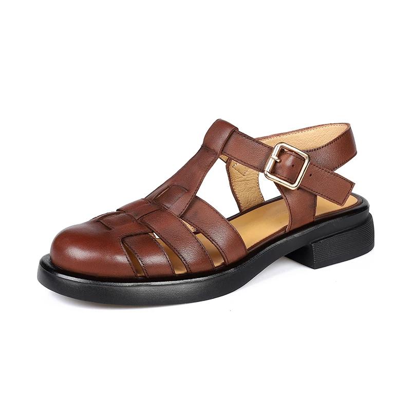 Fashion 2025 Women Sandals Retro Genuine Leather Luxury Roman Sandals Casual Buckle Strap Summer Shoes GLADIATOR Thick Heel Women Shoes