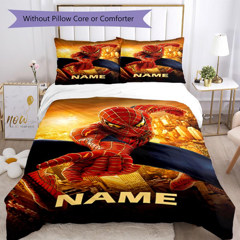3pcs Custom Name Spider Man Bedding Set Duvet Cover Closure Includes 1 Duvet Cover & 2 Pillowcases, Soft and Comfortable for All Seasons.