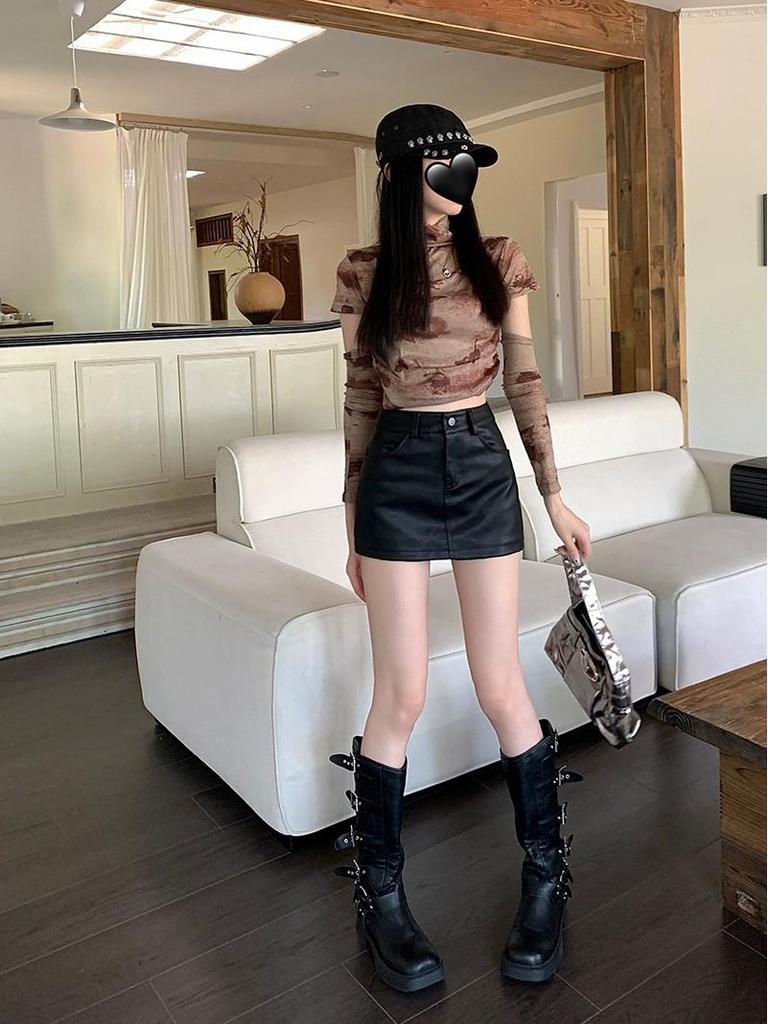 Women's PU Leather A-Line Skirt - High Waist, Slim Fit, Coffee Color, Autumn/Winter 2023 Collection