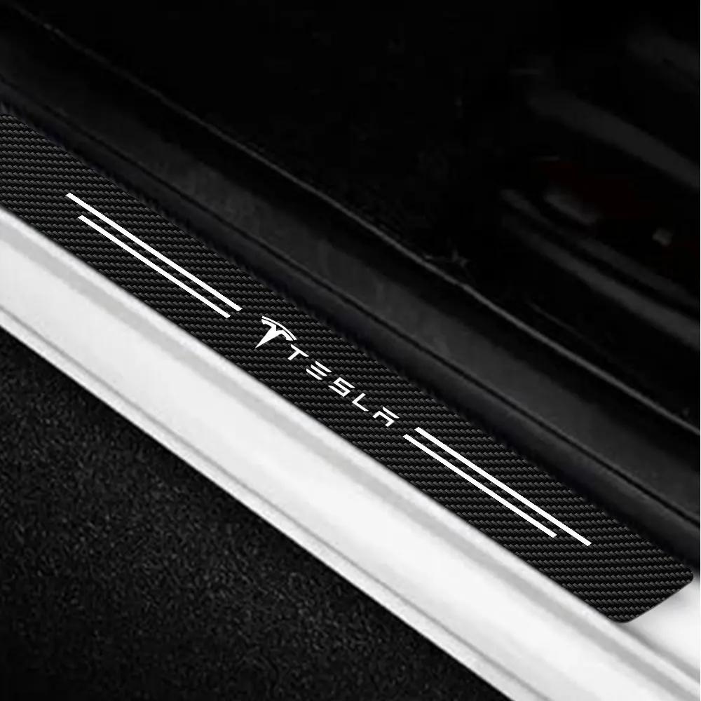 Car Sticker Tesla Car Imitation Carbon Fiber Leather Door Sill Logo Sticker for Tesla Model 3 Y S X Roadster Cybertruck Juguete