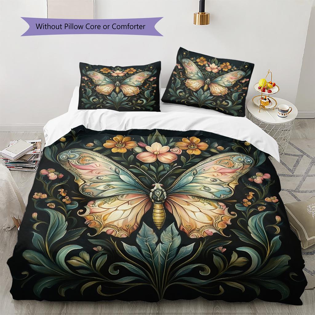 Butterfly in Flower Bushes  Pattern Bedding Quilt Set Quilt Cover Pillowcase Home Decoration  Gift (1 * duvet cover + 2 * pillowcase, without core)