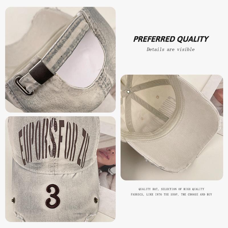 American retro letter baseball cap for women, fashionable distressed versatile wide-brimmed cap for large head sizes, makes the face look smaller,