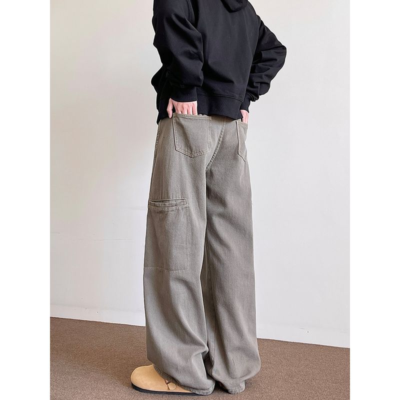 Men's Winter Trendy Workwear Jeans with Large Pockets, Loose Fit, Floor-Length, Vintage Solid Color Wide-Leg Pants