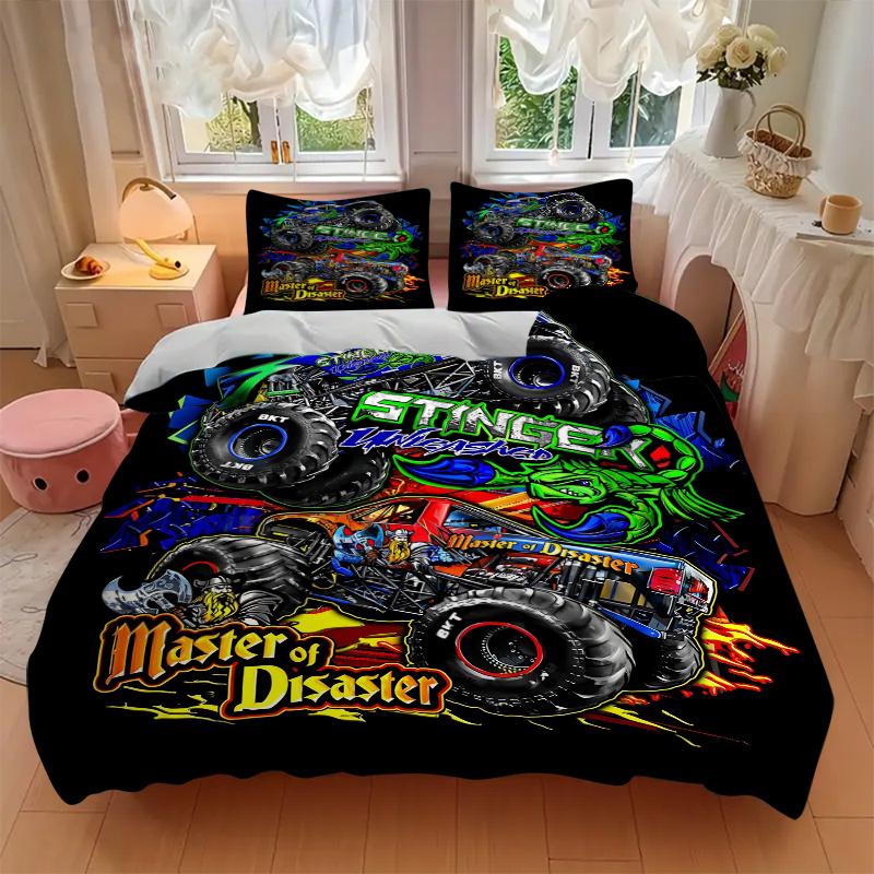 3pcs Monster Truck Stinger Unleashed & Master of Disaster Graphic Printed Home Decor Bedding Set-Universal Three-Piece Suit for Bedroom, Gue