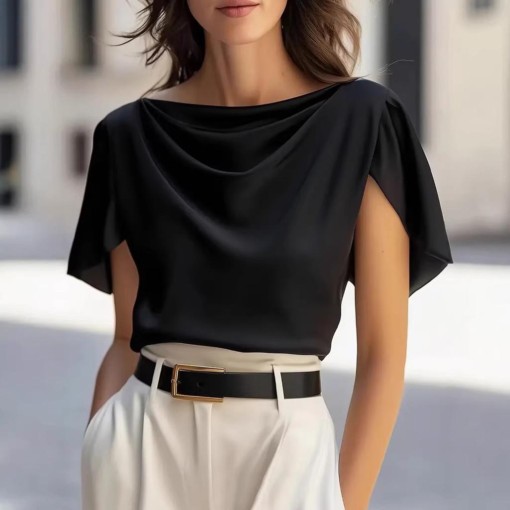 Damen Rollkragen Asymmetrischer Ärmel Schulterfreies Oberteil Mehrfarbig Lässige Bluse