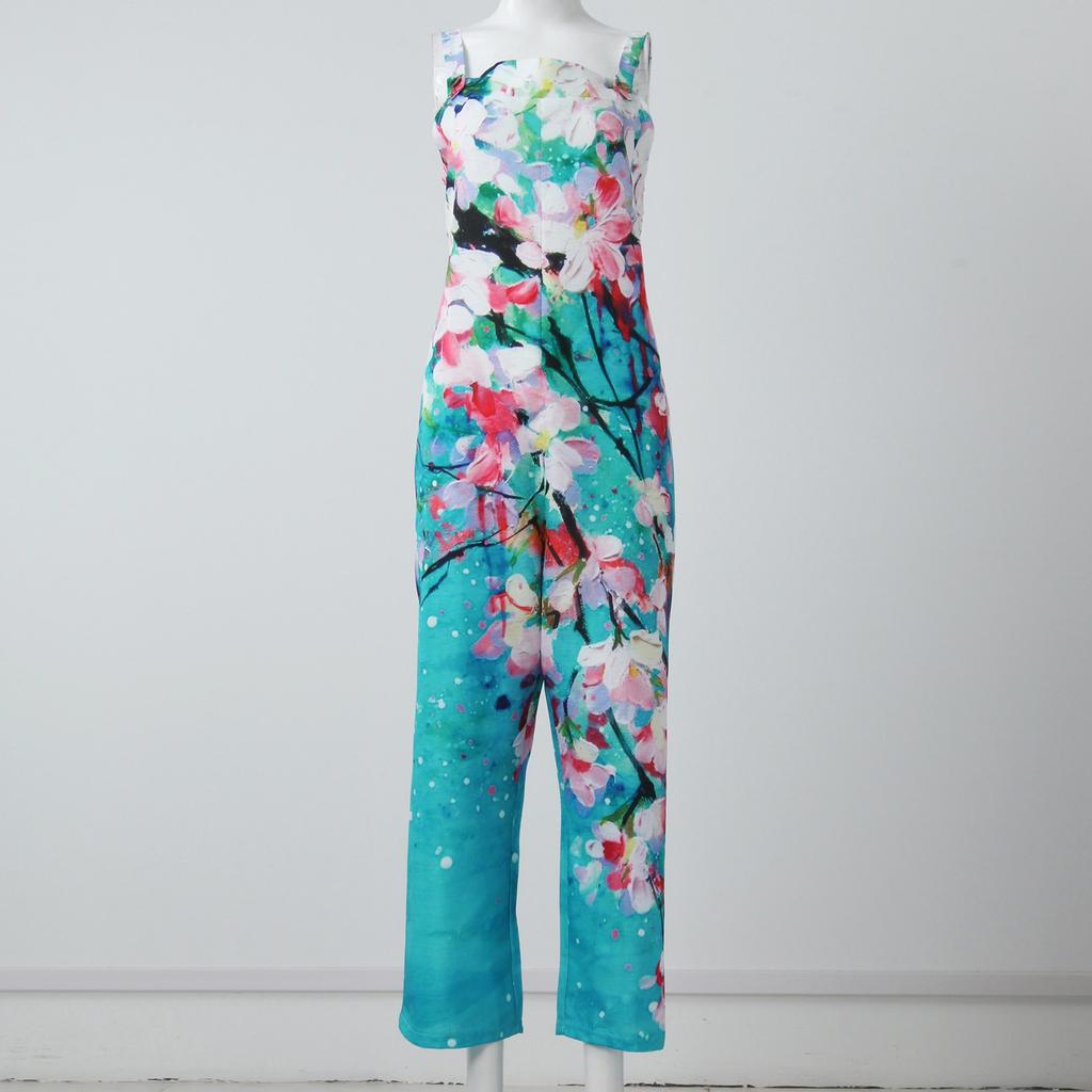 Women's Fashion Summer Sweet Loose Casual Print Retro Strappy Jumpsuit