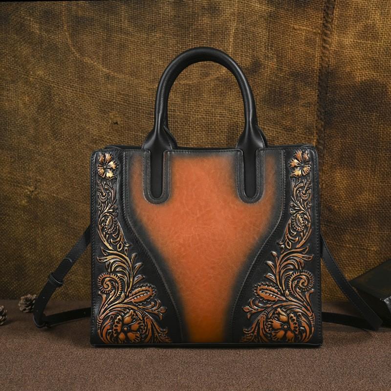 Johnature Genuine Leather Women's Handbag Retro Embossed Large Capacity Shoulder Crossbody Bags