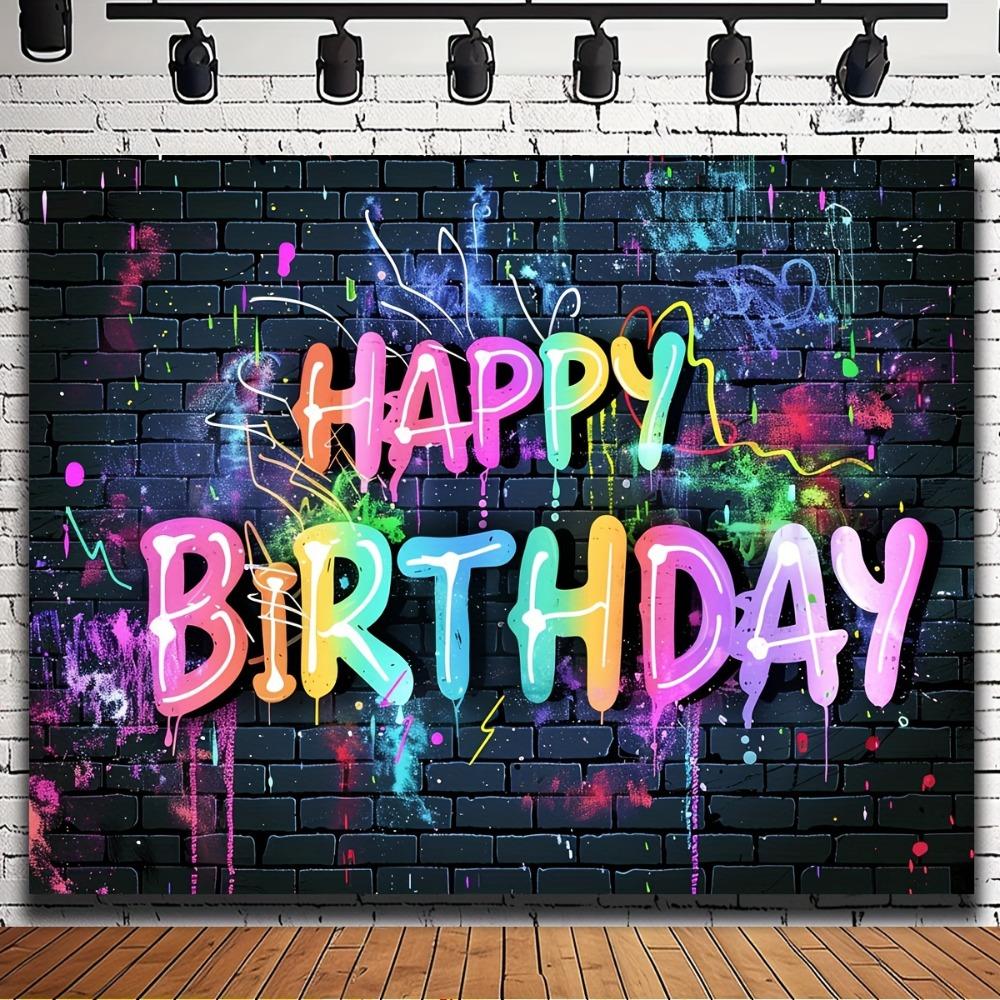 Sfondo di Buon Compleanno Design di muro di mattoni con graffiti al neon vibranti sfondo fotografico hip hop colorato decorazioni per feste