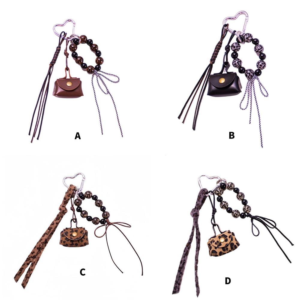 Stylish Mini Leopard Print Purse Keychain With Beaded Rope Bag Charm Pendant Fashion Bag Accessories for Women Girls