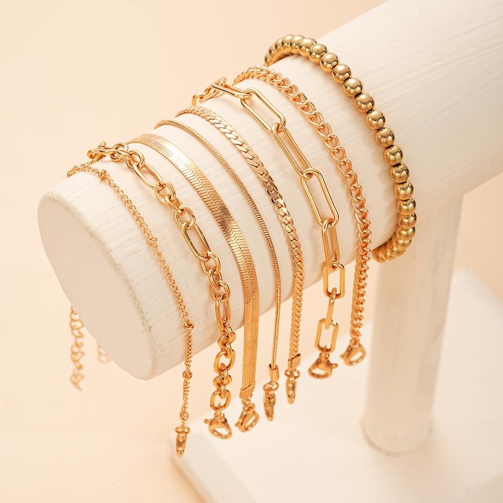 8 Pcs Gold Color Bracelet Set Boho Retro Thick Twist Cuban Beaded Chain Bracelet for Women 2025 Trendy Quality Jewelry Gifts