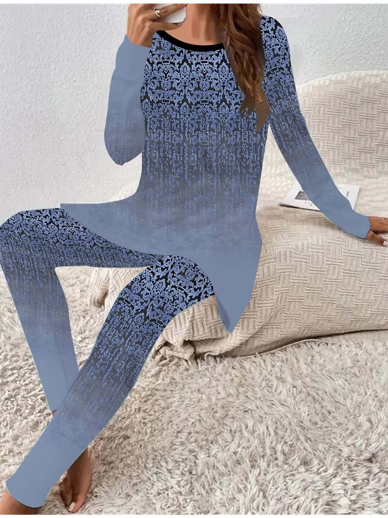 Euroamerikanische Mode 3D Retro bedrucktes Damen Vier-Jahreszeiten Langarm-T-Shirt + Lange Hose Zweiteiler. Perfektes Geschenk für Neujahr & Weihnachten